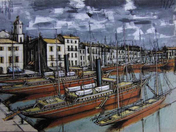 Bernard Buffet, Ship Series 13, Extremely rare framing plate, New frame included, postage included, iafa, Painting, Oil painting, Nature, Landscape painting