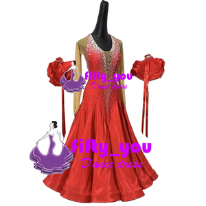 新品fifty_you　 社交ダンス高級ドレス　セミオーダー　モダン競技パーティドレス　ドレス　スタンダードダンス衣装　フリル＋リボン　赤色