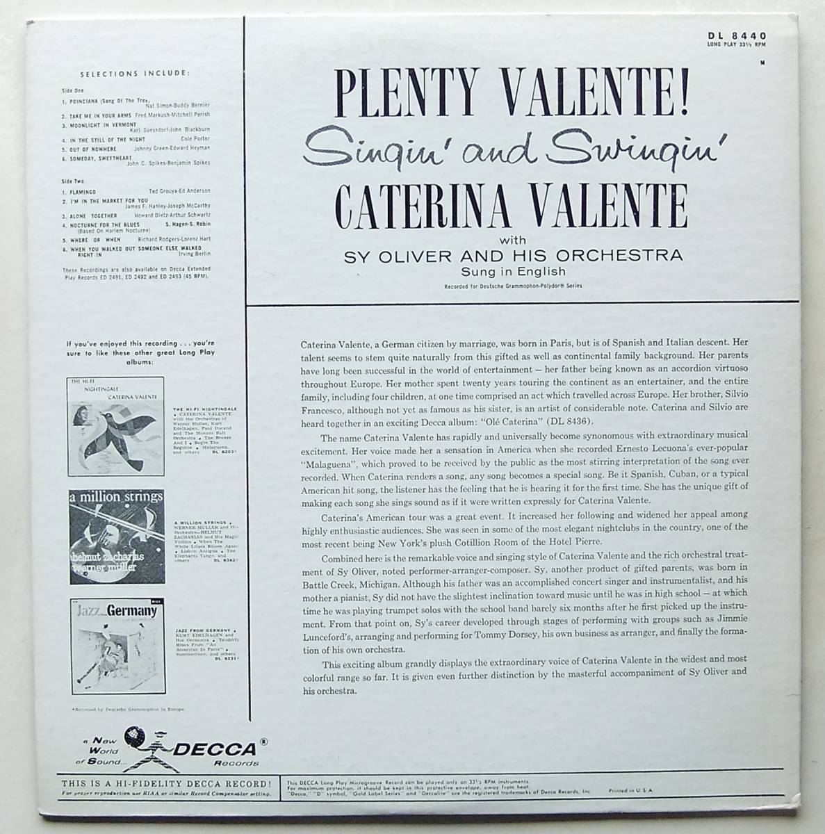 ◆ CATERINA VALENTE / Plenty Valente! Singin' and Swingin' ◆ Decca DL 8840 (black:dg) ◆ ◆ CATERINA VALENTE / Plenty Valente! Singin' and Swingin' ◆ Decca DL 8840 (black:dg) ◆