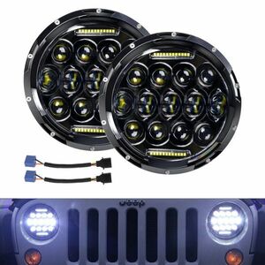 7インチ ledヘッドライト DRL付き Hi/Loビーム ホワイト 防水 75W JK TJジープ ラングラー ジムニー 用 H4-H13アダプター 2個 GZD14