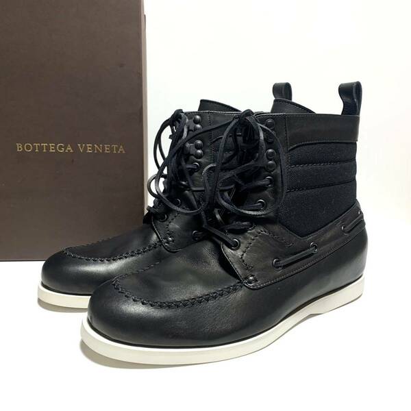 ☆未使用 ボッテガヴェネタ BOTTEGA VENETA デッキソール レザー レースアップ ブーツ 黒 size 41 イタリア製 Uチップ モカシン 革靴