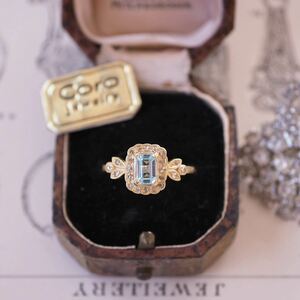 ＊アールヌーボーダイヤモンド&アクアマリンリング＊英国アンティーク イギリス ヴィンテージ 指輪 レトロ ring vintage antique gold K18