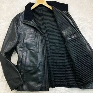 XL 美品 希少 ヒューゴボス HUGO BOSS レザージャケット ライダース 革ジャン ラムレザー 羊革 ナッパレザー 黒色 ブラック メンズ 秋冬