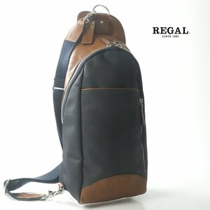 相場価格￥18,700- 美品 REGAL リーガル 牛革 レザー ナイロンツイル ボディバッグ 紺 ネイビー ワンショルダー ユニセックス