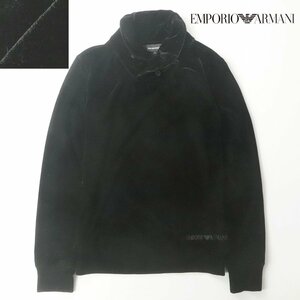 極美品 ジョルジオ・アルマーニ EMPORIO ARMANI ベロアジャージ 長袖 クロスマフラーカラー プルオーバー 黒 M【参考価格￥49,500-】