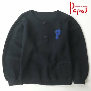 美品 Papas パパス Pサガラ刺繍 ワッペン コットンフリース ヘンリーネック スウェット トレーナー 紺 ネイビー M【参考価格￥33,000-】