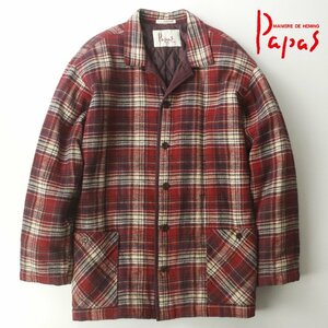 【刻印入りレザーボタン！】美品 日本製 Papas パパス コットンネル 中綿入り カバーオール ジャケット チェック L【参考価格￥67,200-】