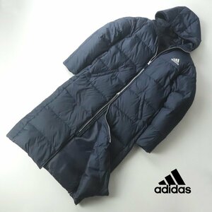 【ふかふか羽毛！】美品 adidas アディダス 撥水 スリーライン フード付き ダウン ベンチコート 紺 S ファイヤーバード ロング丈