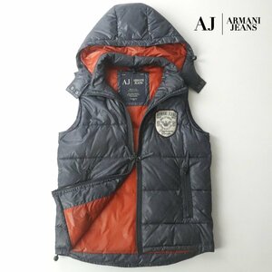 極美品 ジョルジオアルマーニ ARMANI JEANS デニム転写 フード 中綿ポリ ダウンベスト インディゴブルー 紺 S(JP:M)【参考価格￥34,100-】