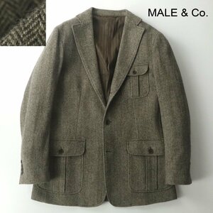 極美品 タカキュー MALE＆CO. メールアンドコー ツイードウール サファリジャケット ブラウン ヘリンボーン 3L/2XL ブレザー ハンティング