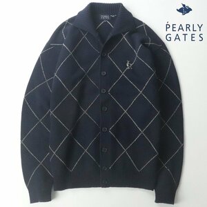 極美品 PEARLY GATES パーリーゲイツ ニットカーディガン ネイビー アーガイル柄 3 JP:S ゴルフ セーター メンズ【相場価格￥38,500-】