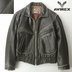 【80年代 ヴィンテージ】美品 AVIREX アヴィレックス 肉厚 牛革 ステアハイド レザー 襟付き シングル ライダースジャケット XS(JP:S)