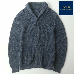 美品 POLO RALPH LAUREN ラルフローレン インディゴ コットンニット クロスマフラーカラー カーディガン S JP:M【相場価格￥40,890-】