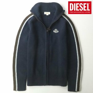 極美品 DIESEL ディーゼル レトロ ラインデザイン モヘヤウール ジップアップ ニットジャケット 紺 ネイビー M【参考価格￥32,900-】