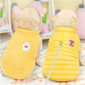 イエローLサイズ◆【残り数枚】犬服 中型犬用 2way リバーシブル ダウン風 ベスト Dカン付き 新品 フレブル アウター フレンチブルドッグ