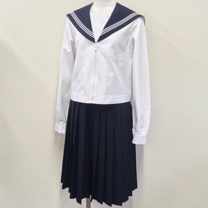 A374/A(中古)愛知方面 女子制服2点 /校名不明/175A/W69/合服セーラー/夏スカート/ELLE/紺襟/白3本/夏服/長袖/中間服/学生服/中学校/高校