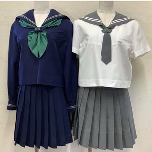 I244/Y(中古)山形県 日本大学山形高校 女子制服7点 /L/W69/セーラー/スカート/タイ/スカーフ/夏冬/合服/紺/緑2本/白2本/女子学生服