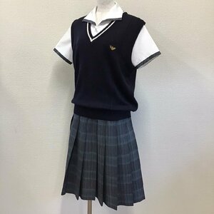 O419/(中古)兵庫県 明石西高校 女子制服3点 /M～L/LL/W72/ブラウス/ベスト/夏スカート/チェック柄/YACHT/夏服/夏用/中学校/学生服