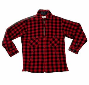 80's 米国製 L.L.Bean エルエルビーン ウールジャケット フルジップ マッキーノ ブロックチェック レッド ブラック M位 [l-0842]