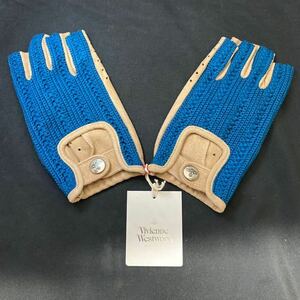 ヴィヴィアン 指なし手袋　羊革　シルク　コンビ　Vivienne Westwood fingerless sheep skin gloves silk blue brown バイクグローブ