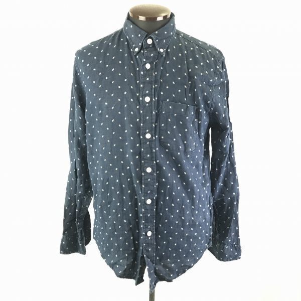 送料込★アバクロンビーアンドフィッチ★総柄/麻/リネン100％/長袖シャツ【メンズS/紺】Abercrombie & Fitch◆BC583