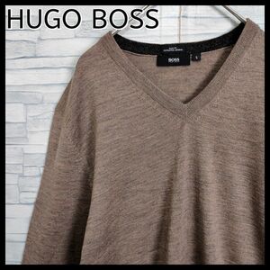 【美品】HUGO BOSS ヒューゴボス☆プレートロゴ付ニット／セーター　ダークブラウン／焦茶　ウール　トルコ製　薄手　無地