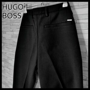 【人気デザイン】HUGO BOSS ヒューゴボス☆メタルプレートロゴ付コットンスラックス　44　ブラック　黒　カジュアルパンツ