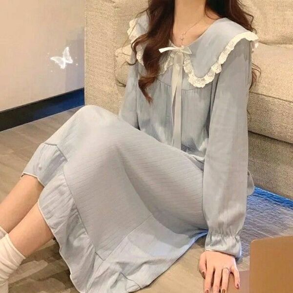 新品 ブルー ゆったりサイズ 膝下 ネグリジ ルームウェア ビッグカラー フリル ナイトウェア 部屋着 長袖