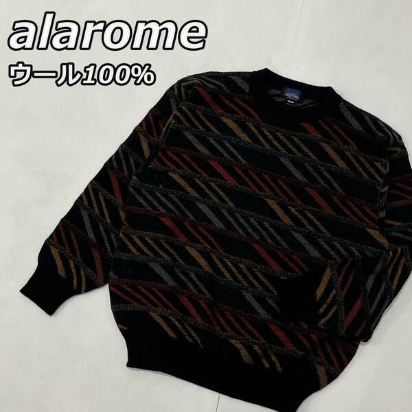 【alarome】ウール100％ 総柄デザイン クルーネック ニットセーター ゴルフウェア 黒 ブラック