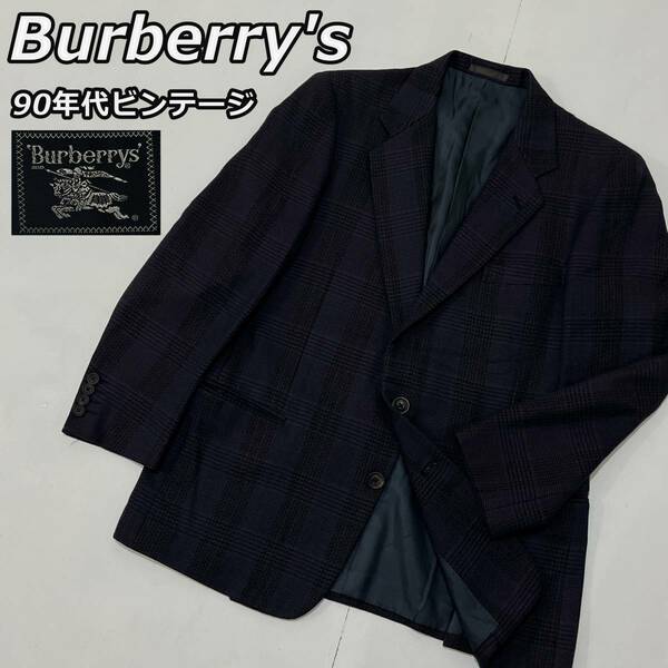 90年代【Burberry's】バーバリーズ グレンチェック柄 羊毛 ウール テーラードジャケット ノッチドラペル 2B 90s ビンテージ 紺色 ネイビー