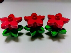 レゴデュプロ 花　茎　葉っぱ　赤、薄緑色　各3個セット　特殊ブロック
