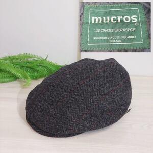 アイルランド Mucros Weavers ウール素材ハンチング 黒&グレー&赤 ヘリンボーン織り チェック柄 81518