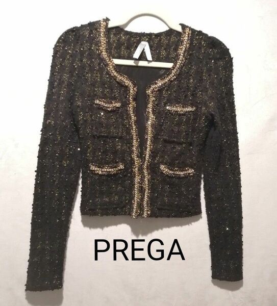 PREGA プレガ ツイード ジャケット 黒×ゴールド チェーンデザイン ショートジャケット