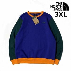 1円～!売切!【正規新品】THE NORTH FACE Color Block Crew スウェット US限定 男女兼用 裏起毛 ロゴ刺繍(3XL)緑 オレンジ 青 181130-33