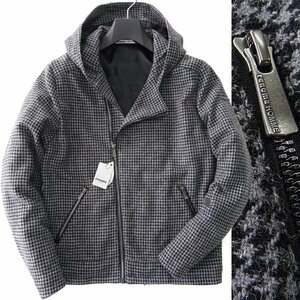 新品 レノマオム ウール 千鳥 フーデッド ライダース ジャケット XL 灰 黒 【J59491】 renoma HOMME ブルゾン 秋冬 メンズ フード