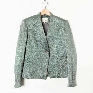 REISS リース ノーカラージャケット アウター 上着 総柄 光沢 Mサイズ ポリエステル カーキ系 緑 綺麗め フォーマル 婦人服