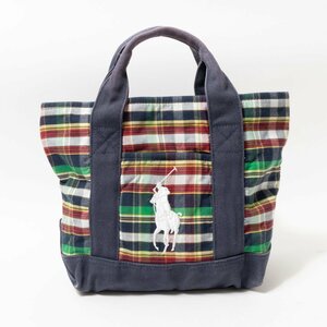 POLO RALPH LAUREN ポロ ラルフ ローレン ミニトートバッグ ハンドバッグ 手提げ チェック コットン キャンバス カジュアル ネイビー系 鞄