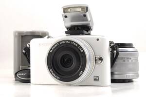 動作品 オリンパス OLYMPUS PEN Mini E-PM1 ダブルレンズ ZUIKO DIGITAL 14-42mm 17mm 白 デジタル一眼カメラ 充電器 フラッシュ付 管K5145