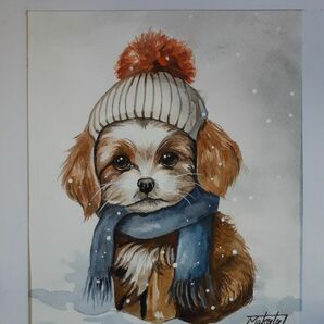 水彩画　雪上の可愛い子犬