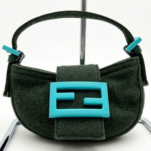 美品 FENDI フェンディ ポーチ ハンドバッグ ミニバッグ カーキ グリーン グレー スウェット レディース ファッション 2354 26673 USED