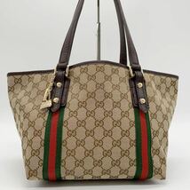 美品 1円 グッチ GUCCI トートバッグ キャンバス GG柄 シェリーライン チャーム レザー 本革 ビジネス レディース ブラウン 茶色 バック_画像2