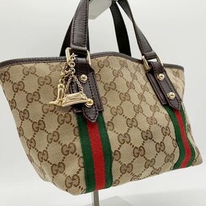 美品 1円 グッチ GUCCI ミニ トートバッグ キャンバス GG柄 シェリーライン チャーム レザー ビジネス レディース ブラウン 茶色 バック