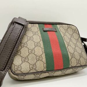 美品 1円 GUCCI グッチ シェリーライン ショルダーバッグ GGスプリーム レザー ブラウン ポシェット 斜め掛け 鞄 PVC カメラバッグ 茶色