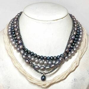 ［淡水パールネックレス5点おまとめ］d 重量約139.5g 真珠 オーバル ペンダントpendant necklace jewelry Blue silver DA0