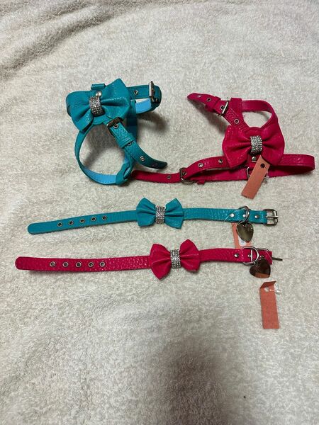 犬 ハーネス＋首輪、ピンク＆ブルー