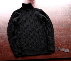 新品■メンズL ブラック ケーブル おしゃれ編み タートル ニット カシミヤwool80% FIT セーター ちくちくしない 伸縮 黒 ストライプ