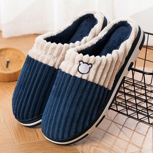  corduroy cloth navy stylish wi men's slippers warm stylish winter room shoes ....... rubber bottom 26-26.5cm