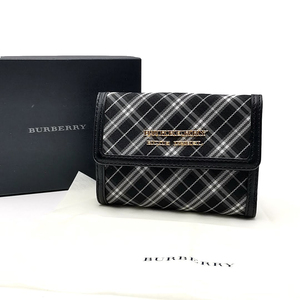 送料無料 超美品 バーバリーブラックレーベル 財布 二つ折り コンパクトウォレット ノバチェック ナイロン レザー 黒系 メンズ
