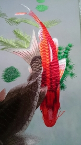 刺繍絵 刺繍画 夫婦鯉 鯉 双鯉 刺繍 工芸品 美術品
