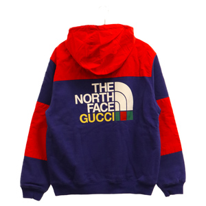 グッチ 21AW×THE NORTH FACE ジップジャケット ナイロン スウェット 切替 ジップアップジャケット パーカー 671462 XJDRN ブルー/レッド